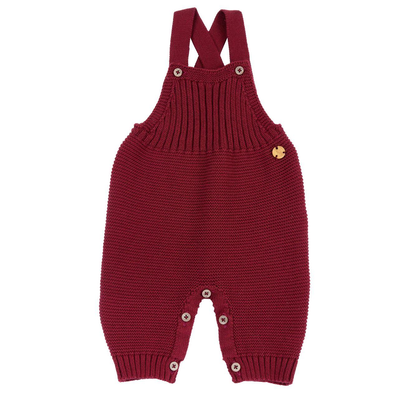 Salopette lunga unisex Chicco in maglia di cotone rosso, con lavorazione a punti, bretelle con bottoni e apertura interna gamba con bottoncini. | Chicco