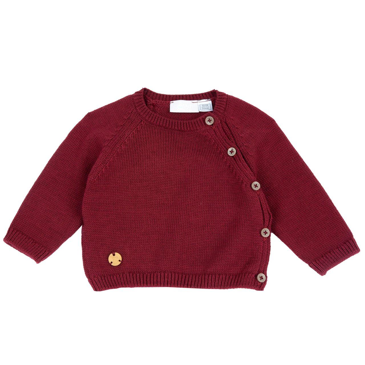 Cardigan unisex Chicco in maglia di cotone rosso con lavorazione a punti decorativi, medaglietta effetto legno e apertura laterale con bottoni, ideale per neonati. | Chicco