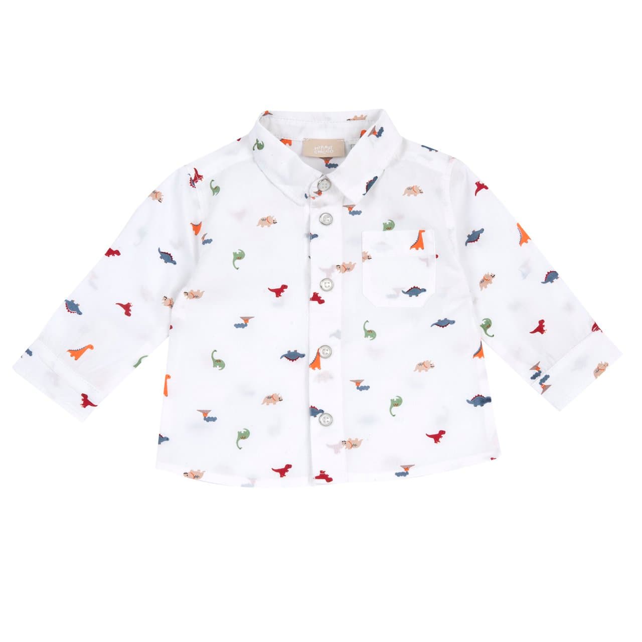 Camicia a manica lunga Chicco per bambino in popeline di cotone bianco con fantasia di dinosauri, chiusura con bottoni automatici e bottoni decorativi. | Chicco