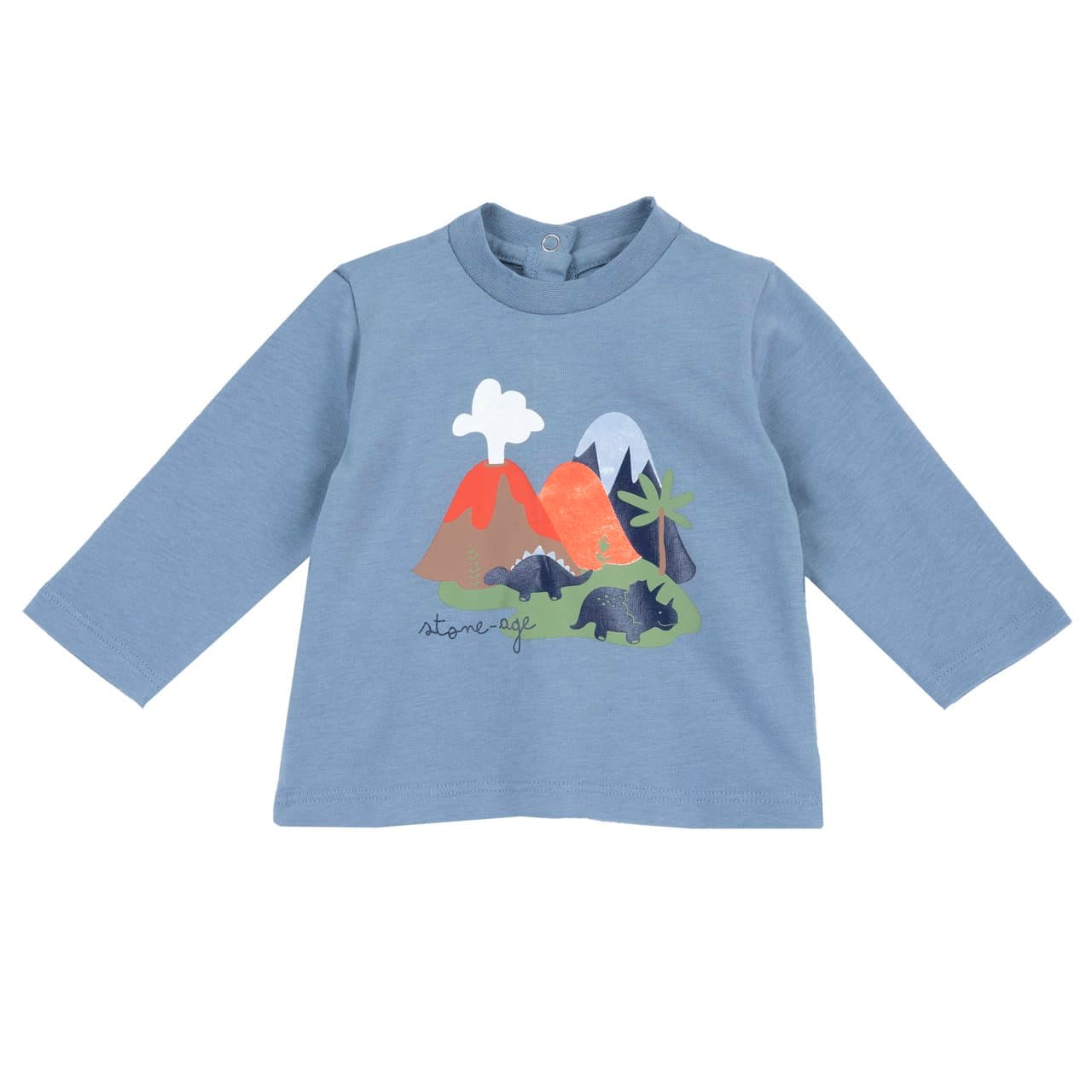 Maglietta a manica lunga Chicco azzurra in jersey di cotone per bambino, con stampa vulcano e chiusura bottoncini automatici. | Chicco