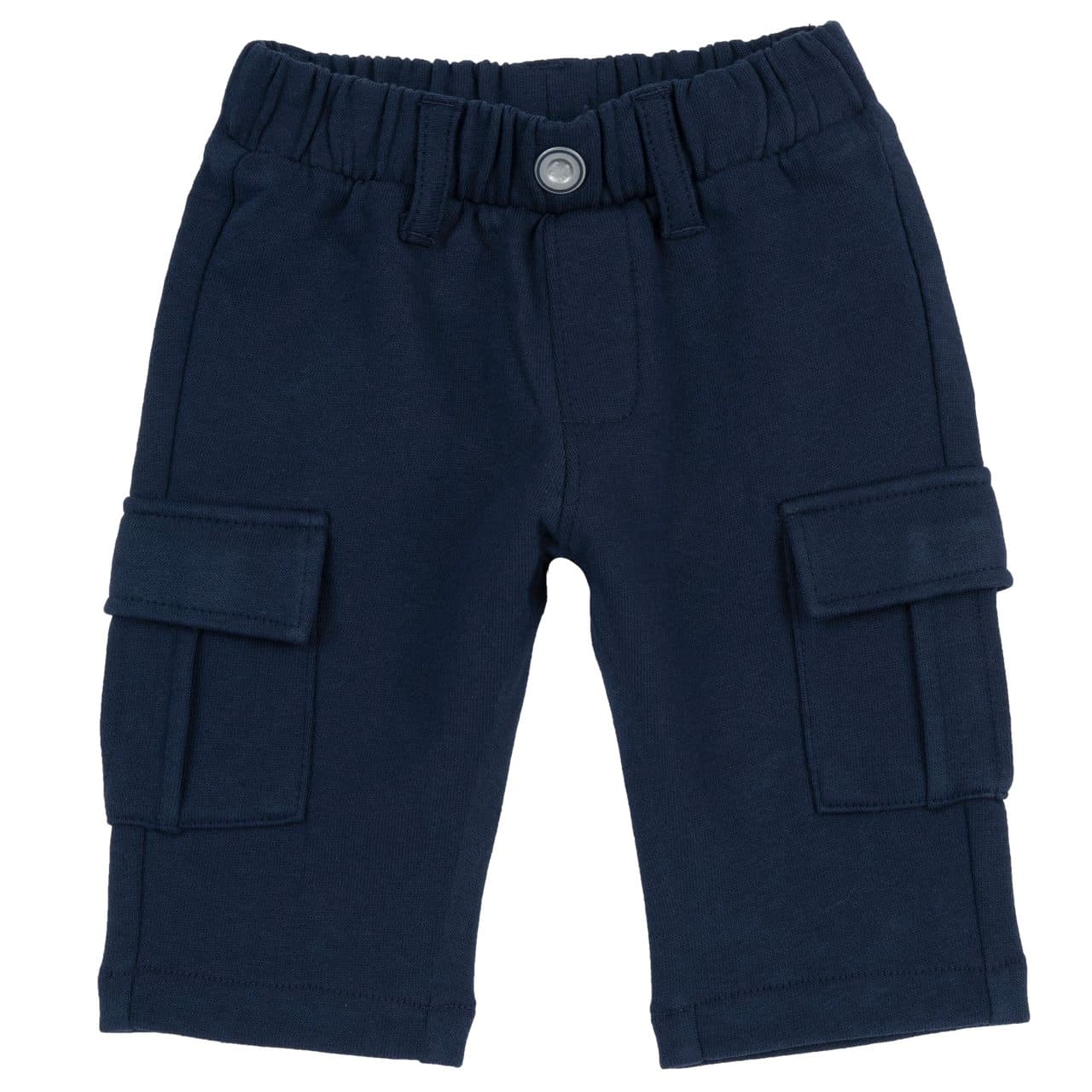 Pantaloni lunghi da bambino Chicco in felpa garzata blu, con tasconi laterali, vita elasticizzata e chiusura a bottone automatico, ideali per l'autunno/inverno. | Chicco