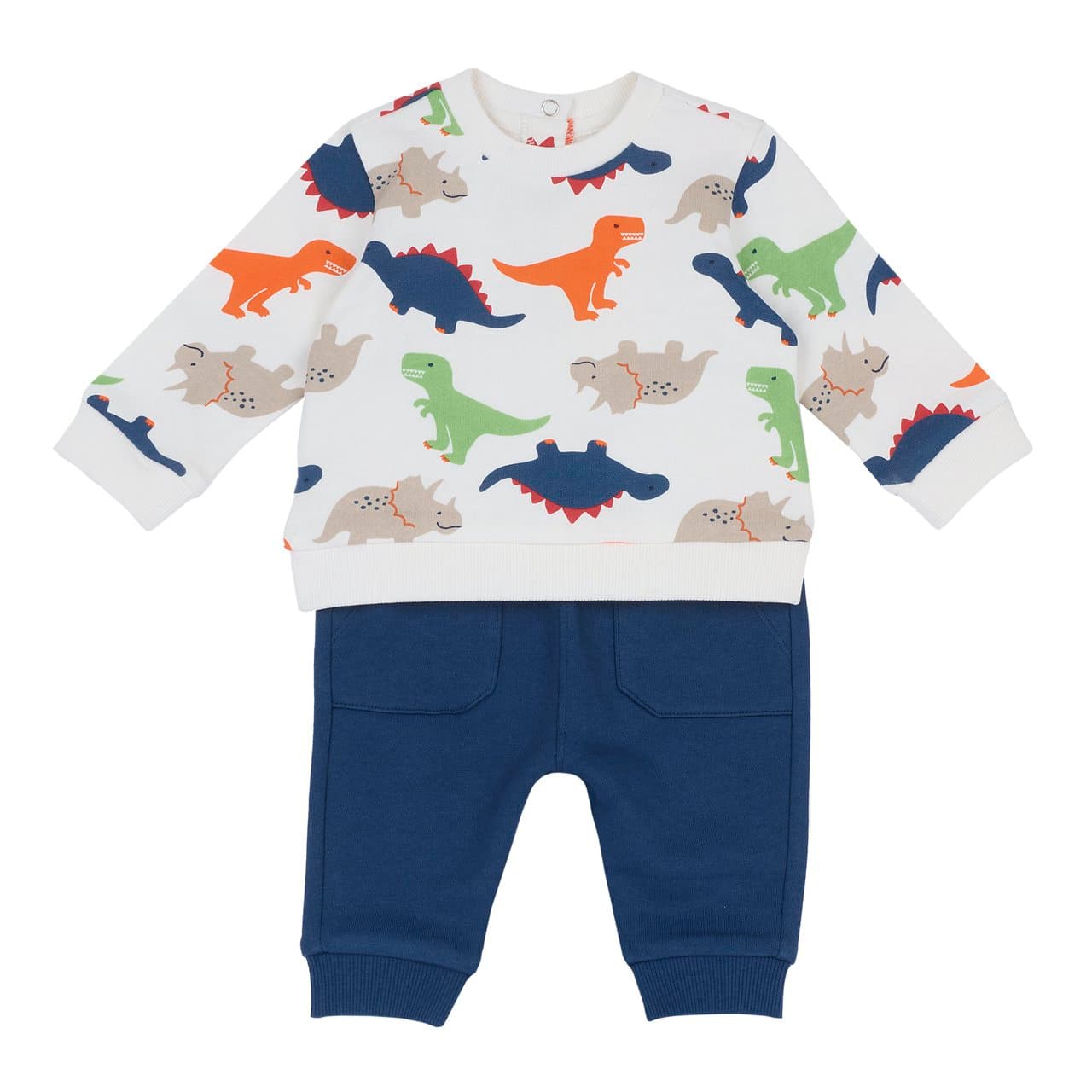 Completo felpa girocollo blu con fantasia dinosauri e pantaloni tinta unita Chicco per bambino, Oeko-Tex. | Chicco