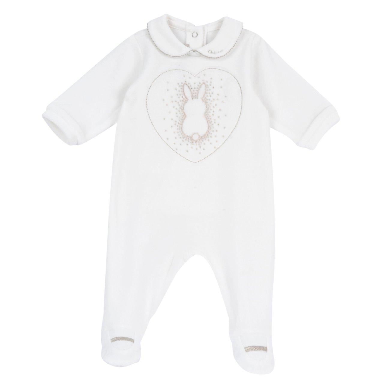 Tutina Chicco bianca in ciniglia per bambina, con colletto, grafica con strass e tulle, scarpine ricamate e stampa antiscivolo. | Chicco