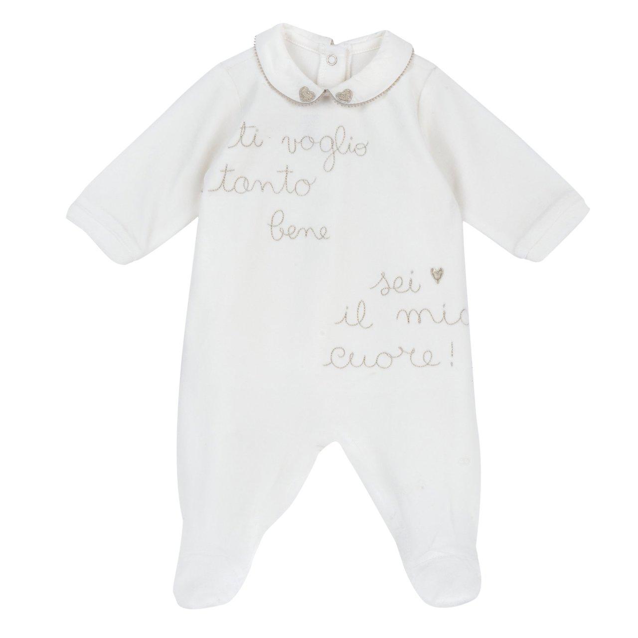 Tutina Chicco bianca in ciniglia per neonata, aperta dietro, con colletto decorato, ricami luminosi e piedini antiscivolo dalla taglia 12 mesi. | Chicco