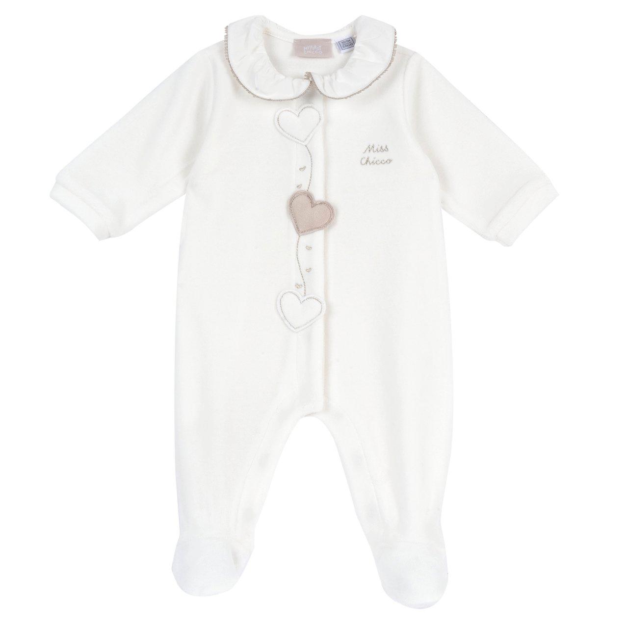 Tutina aperta davanti Chicco per bambina in ciniglia bianca, con nastro decorativo sul collo e applicazioni luminose, ideale per autunno/inverno. | Chicco