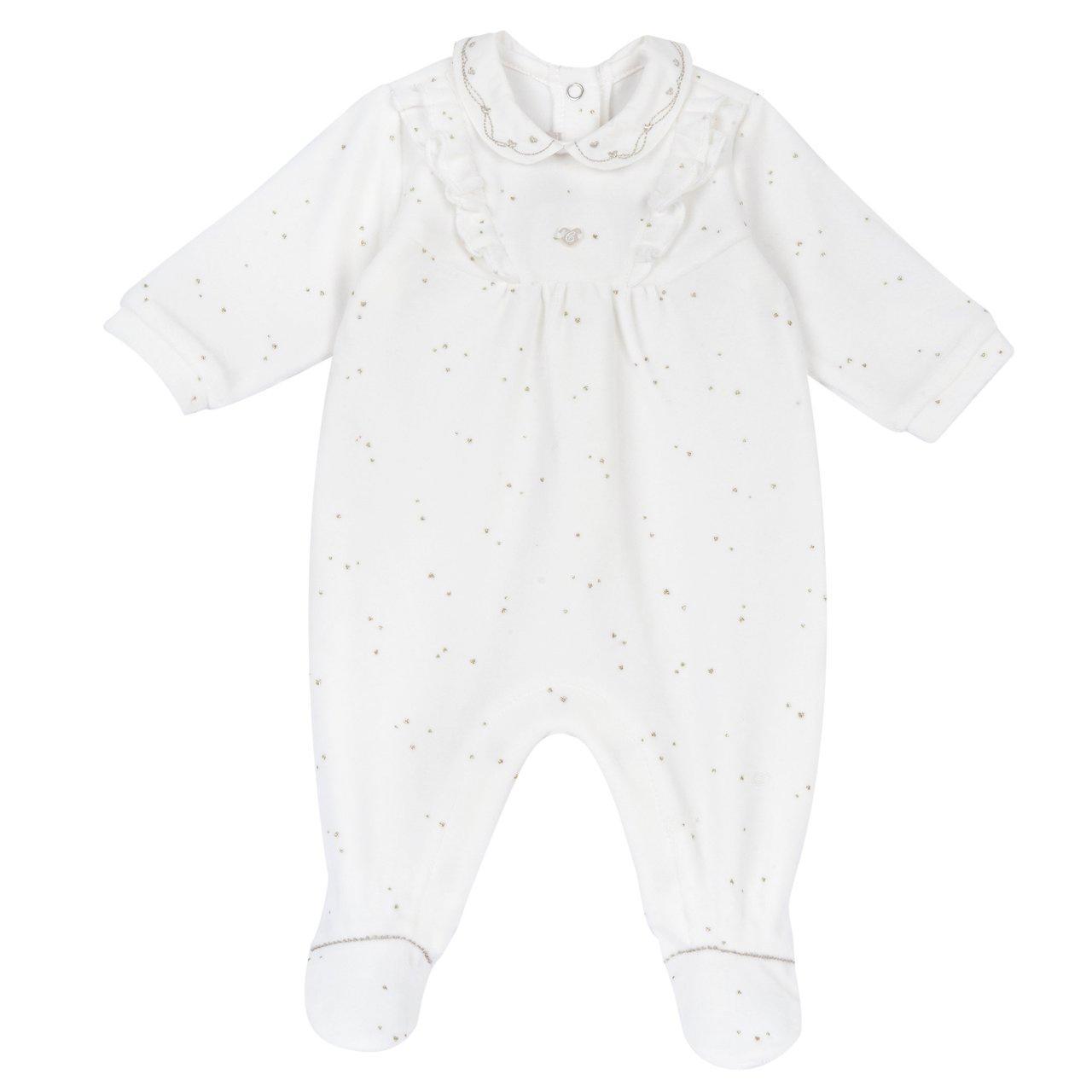 Tutina Chicco bianca in ciniglia per bambina, con colletto baby ricamato, stampa cuoricini glitterati e medaglietta madreperla, ideale autunno/inverno. | Chicco
