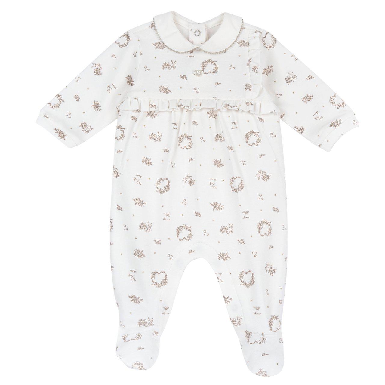 Tutina Chicco bianca per bambina con stampa fantasia, colletto baby a contrasto e apertura al cavallo per cambio facile. | Chicco