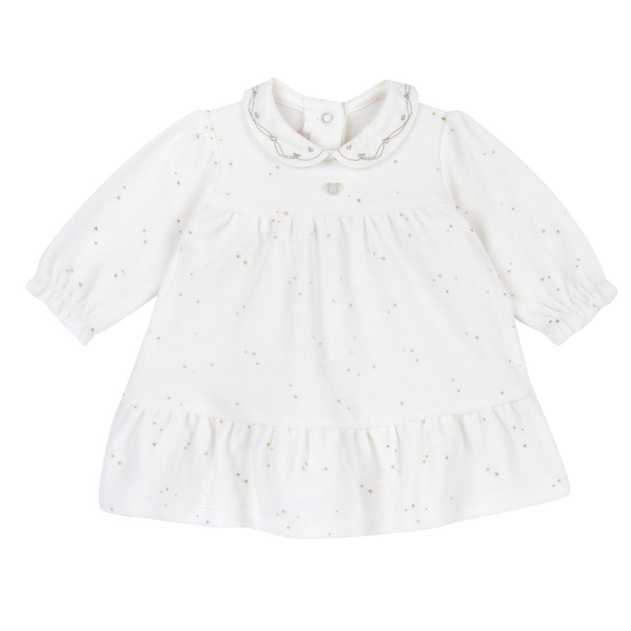 Vestito Chicco a manica lunga in ciniglia bianca per neonata, con collo baby ricamato, stampa micro cuoricini glitterati e medaglietta madreperla, certificato Oeko-Tex. | Chicco