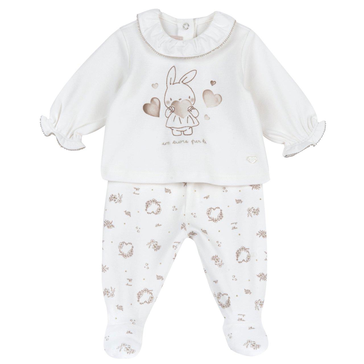 Completo Chicco per bambina in interlock bianco, maglia con grafica ricamata e pantaloni con piedini integrati, ideale per autunno/inverno. | Chicco