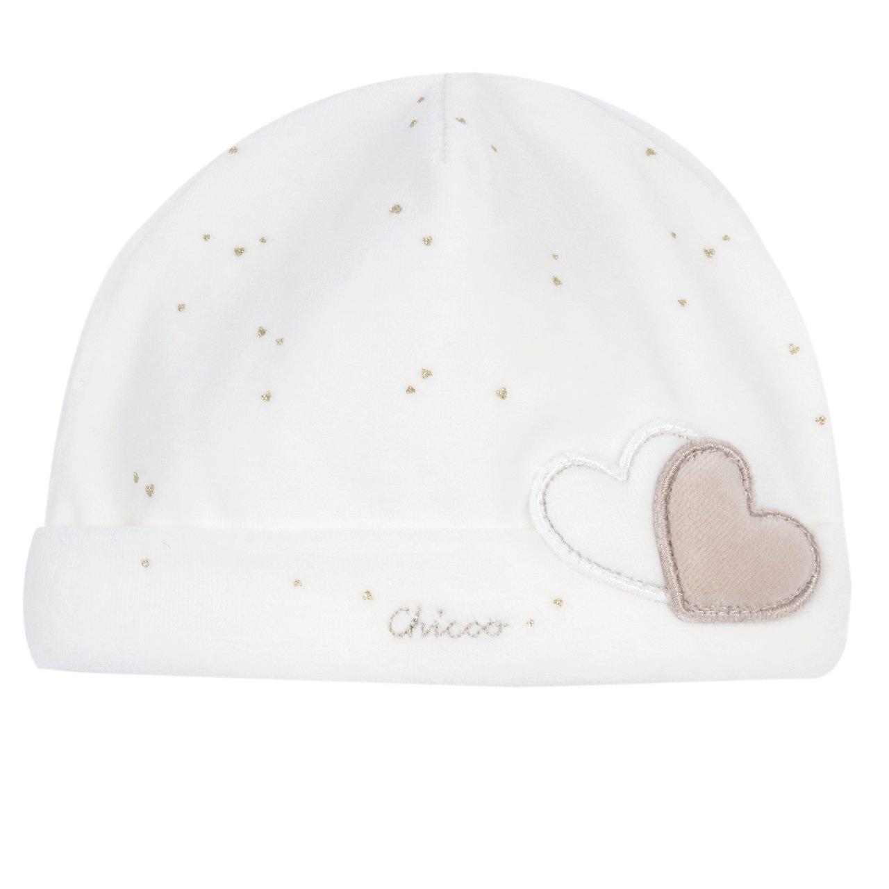 Cappello con risvolto Chicco bianco in ciniglia per bambina, con stampa fantasia, cuori applicati e grafica ricamata, certificato Oeko-Tex. | Chicco