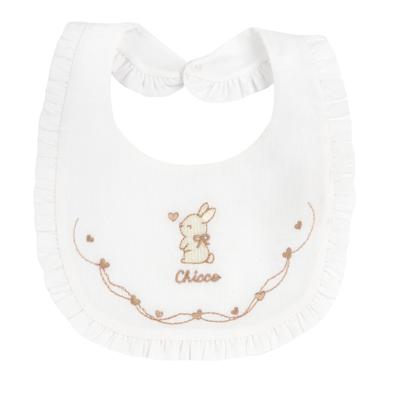 Bavaglino Chicco per bambina con ricamo, in piquet bianco e foderato in popeline, ideale per autunno/inverno, con chiusura a bottoncino e asola. | Chicco