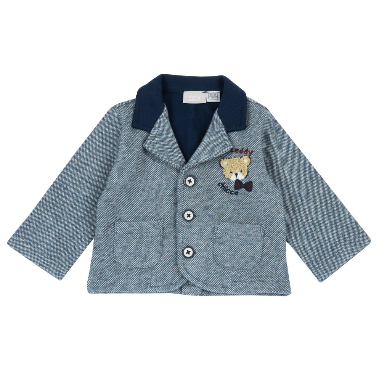 Giacca blazer Chicco blu in maglia bouclé mélange effetto tela, con collo in Punto Milano, bottoni bicolore e ricamo orsetto sul petto. | Chicco