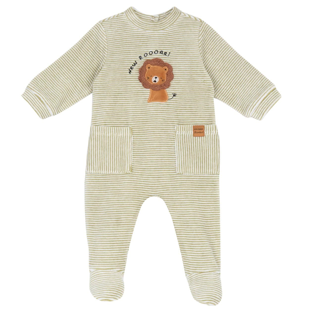 Tutina unisex Chicco in ciniglia bianca con righe tinto filo, grafica applicata e ricamo, aperta dietro con bottoni automatici per facile vestizione. | Chicco