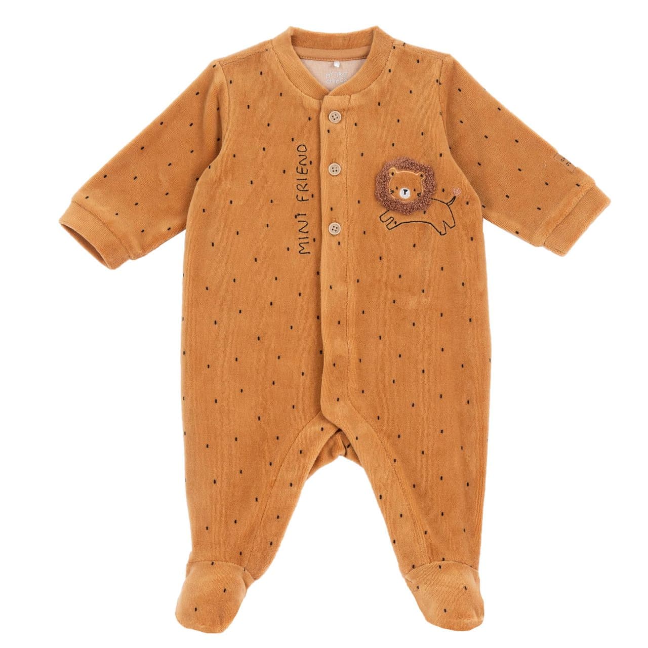 Tutina Chicco unisex in ciniglia bianca, aperta davanti con bottoni automatici, stampa fantasia e grafica ricamata, ideale per autunno/inverno. | Chicco
