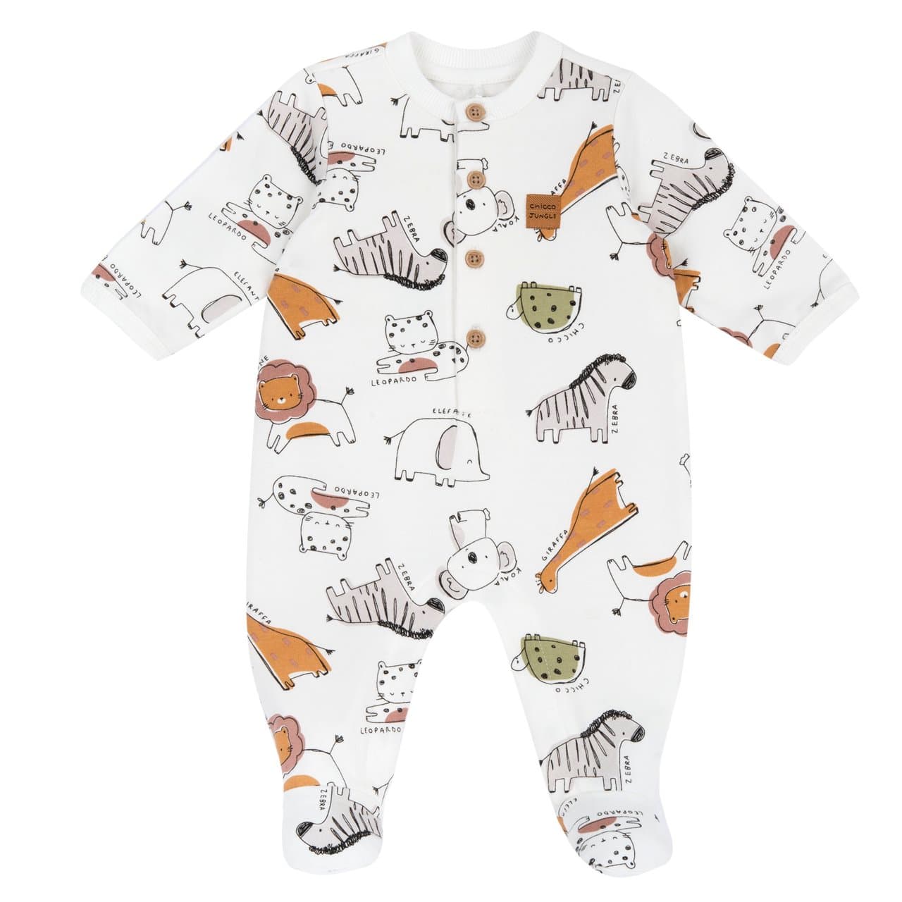 Tutina unisex Chicco beige in felpa elasticizzata con fantasia animali, apertura frontale e cavallo con bottoni automatici, ideale per autunno/inverno. | Chicco