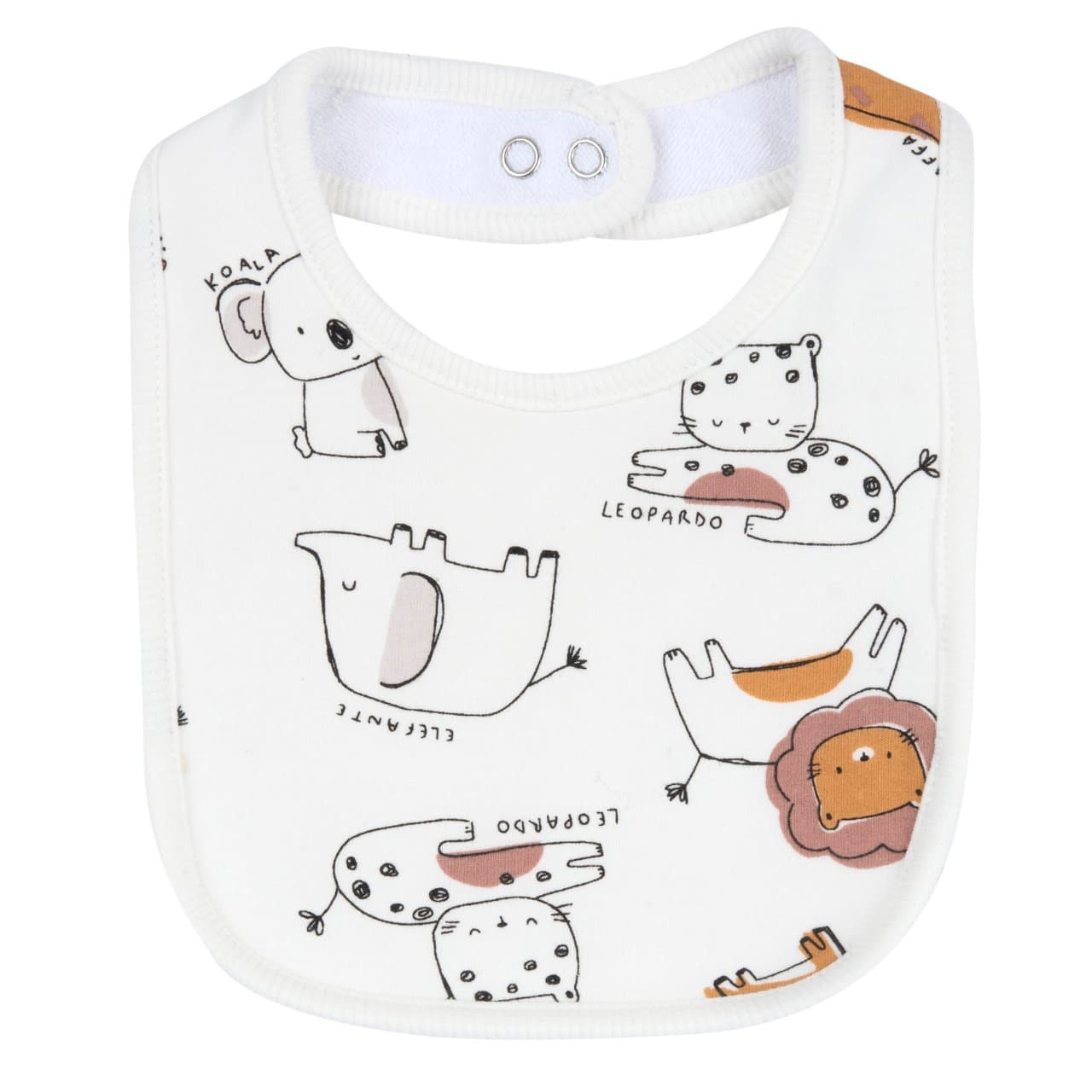 Bavaglino unisex Chicco beige in felpa elasticizzata con retro in spugna assorbente, fantasia animali e chiusura a bottoni automatici, certificato Oeko-Tex. | Chicco