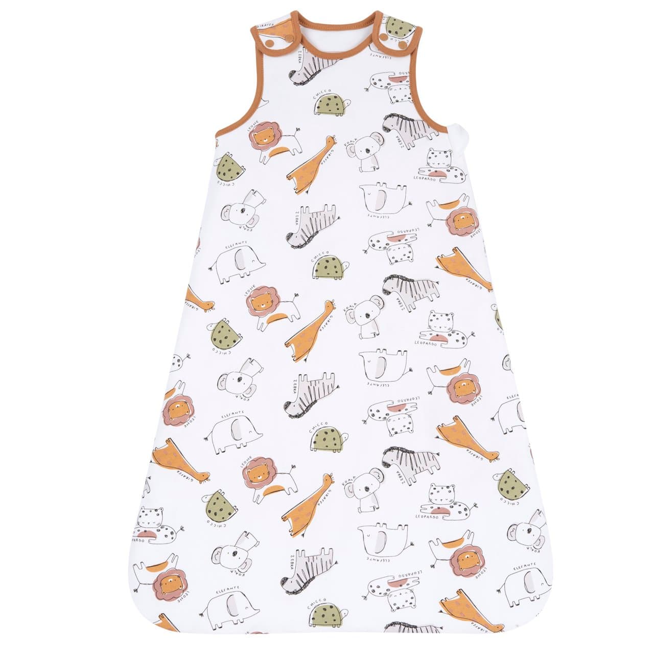 Sacco nanna unisex Chicco beige in felpa elasticizzata con stampa animali, fodera in interlock e chiusura zip laterale, taglia 0-6 mesi. | Chicco