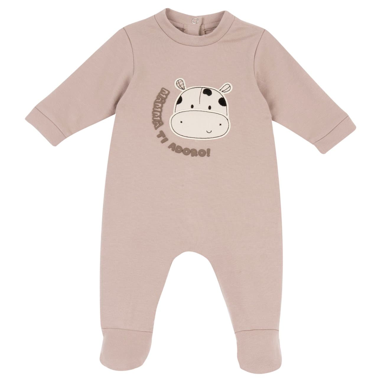Tutina unisex Chicco marrone in felpa elasticizzata, girocollo con grafica applicata e stampa, chiusura posteriore con bottoncini automatici. | Chicco