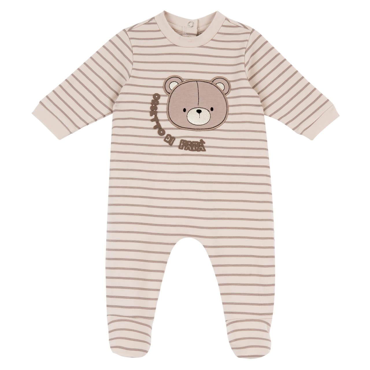 Tutina unisex Chicco marrone in felpa elasticizzata, girocollo con grafica applicata e stampa, chiusura posteriore con bottoncini automatici. | Chicco