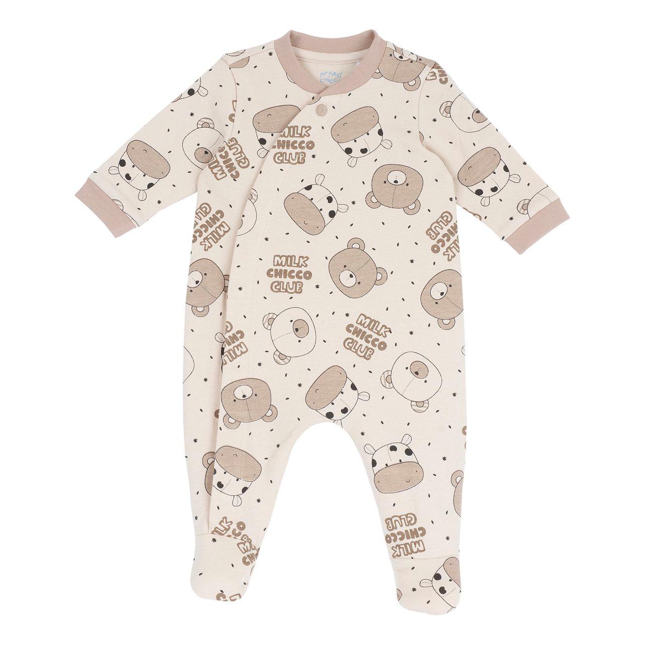 Tutina Chicco unisex beige in felpa elasticizzata con stampa fantasia, chiusura bottoni automatici e antiscivolo sotto i piedini. | Chicco