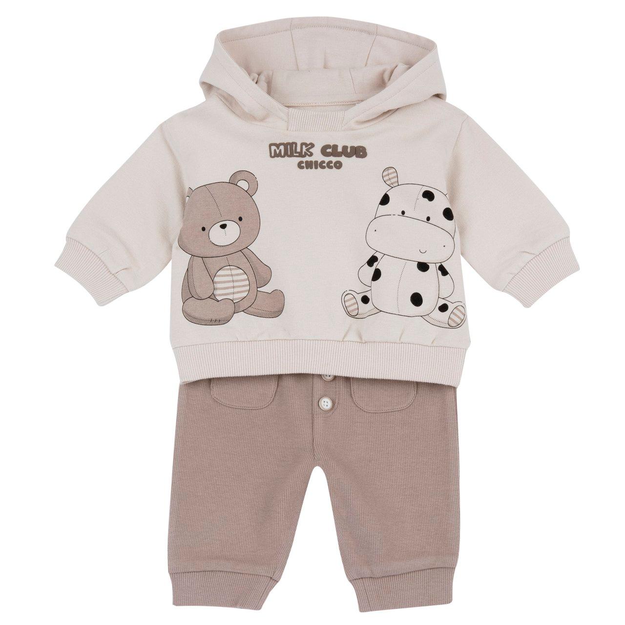 Completo Chicco unisex marrone per neonati, felpa con cappuccio e grafica stampata, abbinata a pantaloni in costina elasticizzata con bottoni applicati, certificato Oeko-Tex. | Chicco