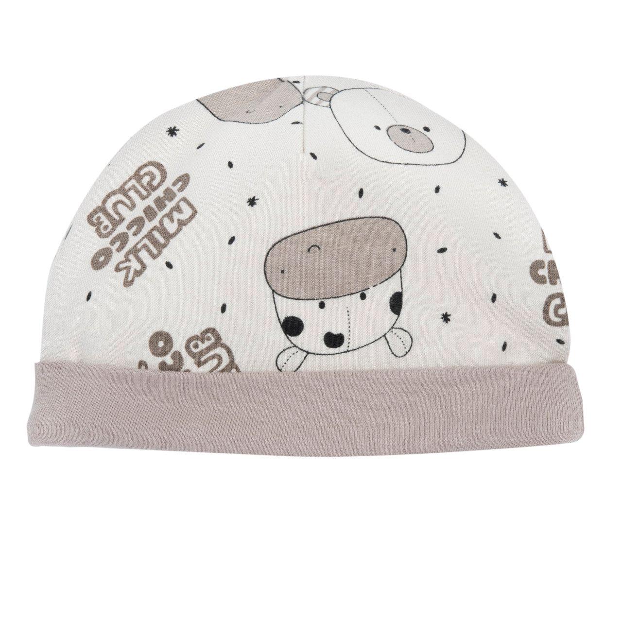 Cappello con risvolto Chicco unisex in felpa elasticizzata beige con stampa fantasia, ideale per neonati in autunno/inverno. | Chicco