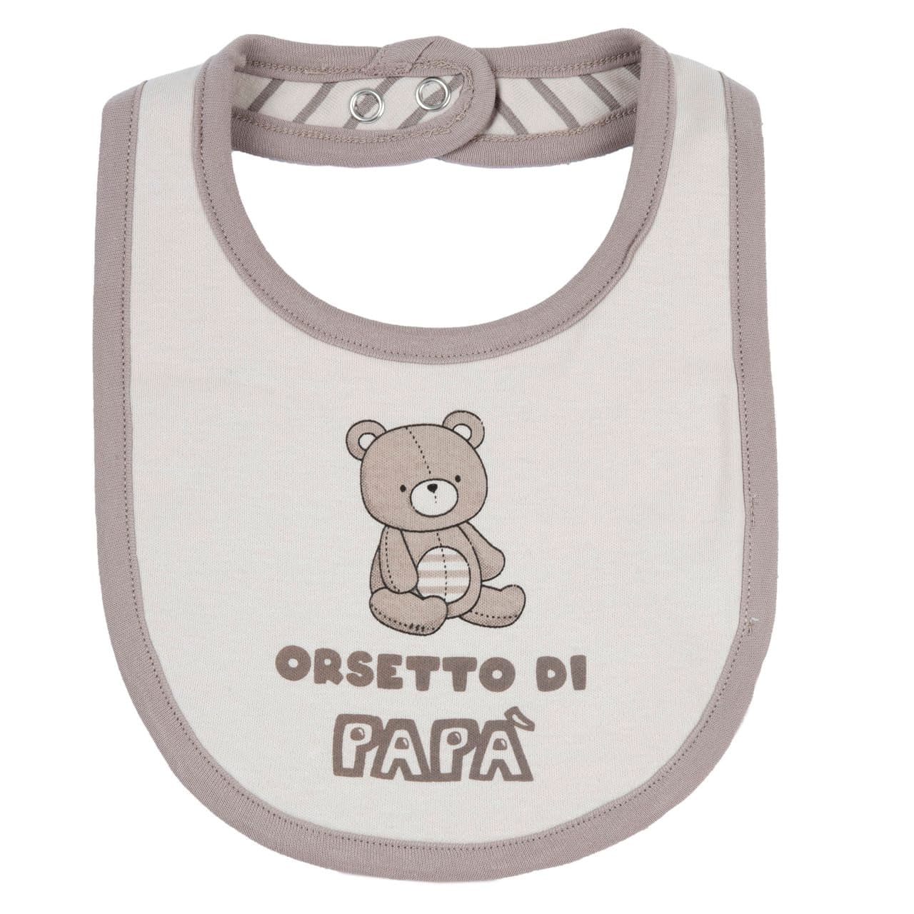 Bavaglino unisex Chicco in interlock grigio con grafica stampata sul davanti e motivo a righe sul retro, ideale per autunno/inverno. | Chicco