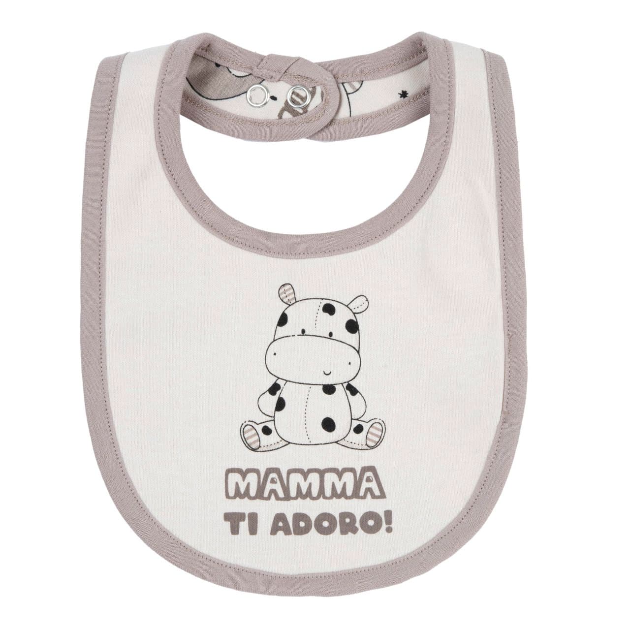 Bavaglino unisex Chicco in interlock grigio con grafica stampata sul davanti e motivo a righe sul retro, ideale per autunno/inverno. | Chicco