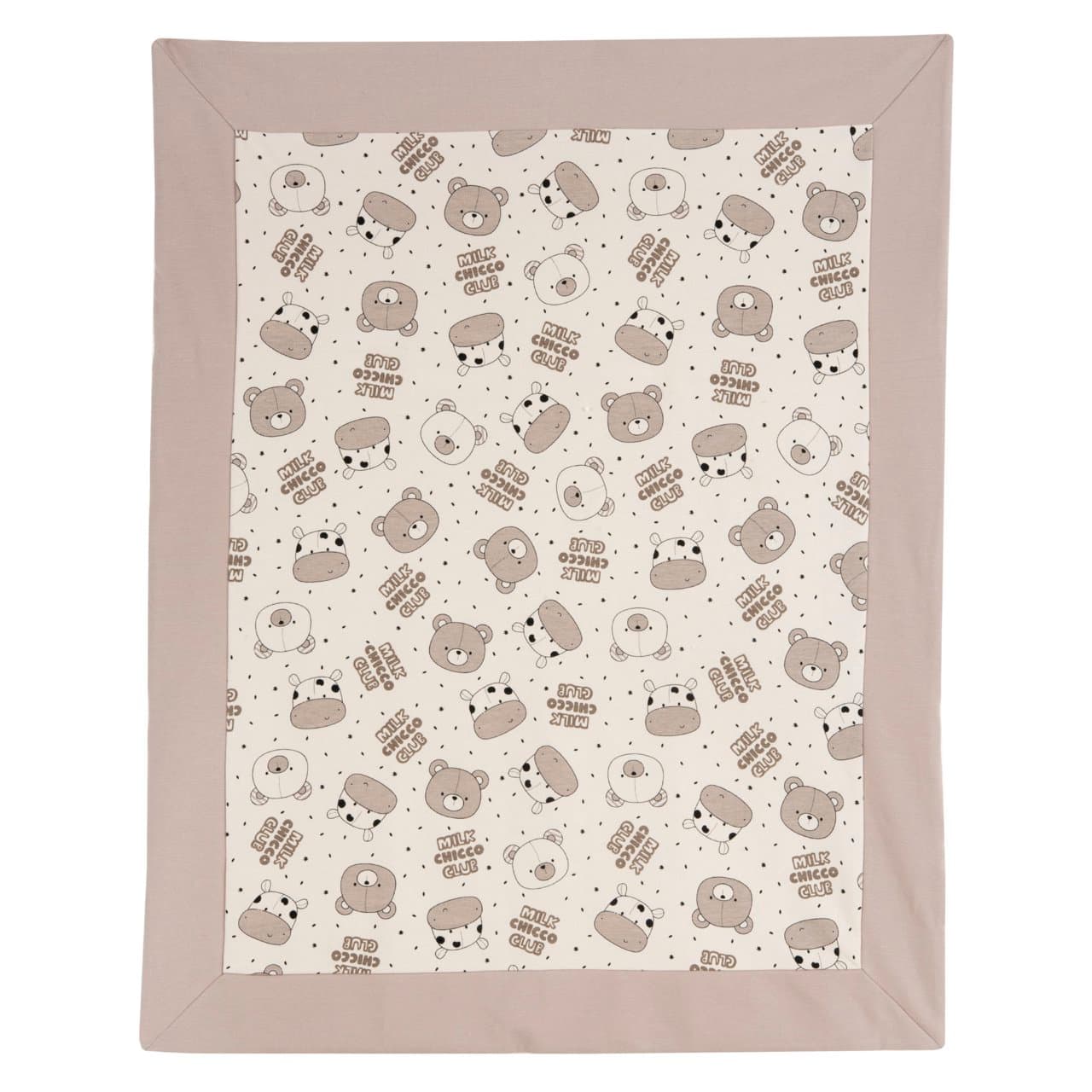 Coperta per carrozzina Chicco unisex in felpa beige elasticizzata, ideale per autunno/inverno, con stampa fantasia fronte e righe retro, misura 80x64 cm. | Chicco