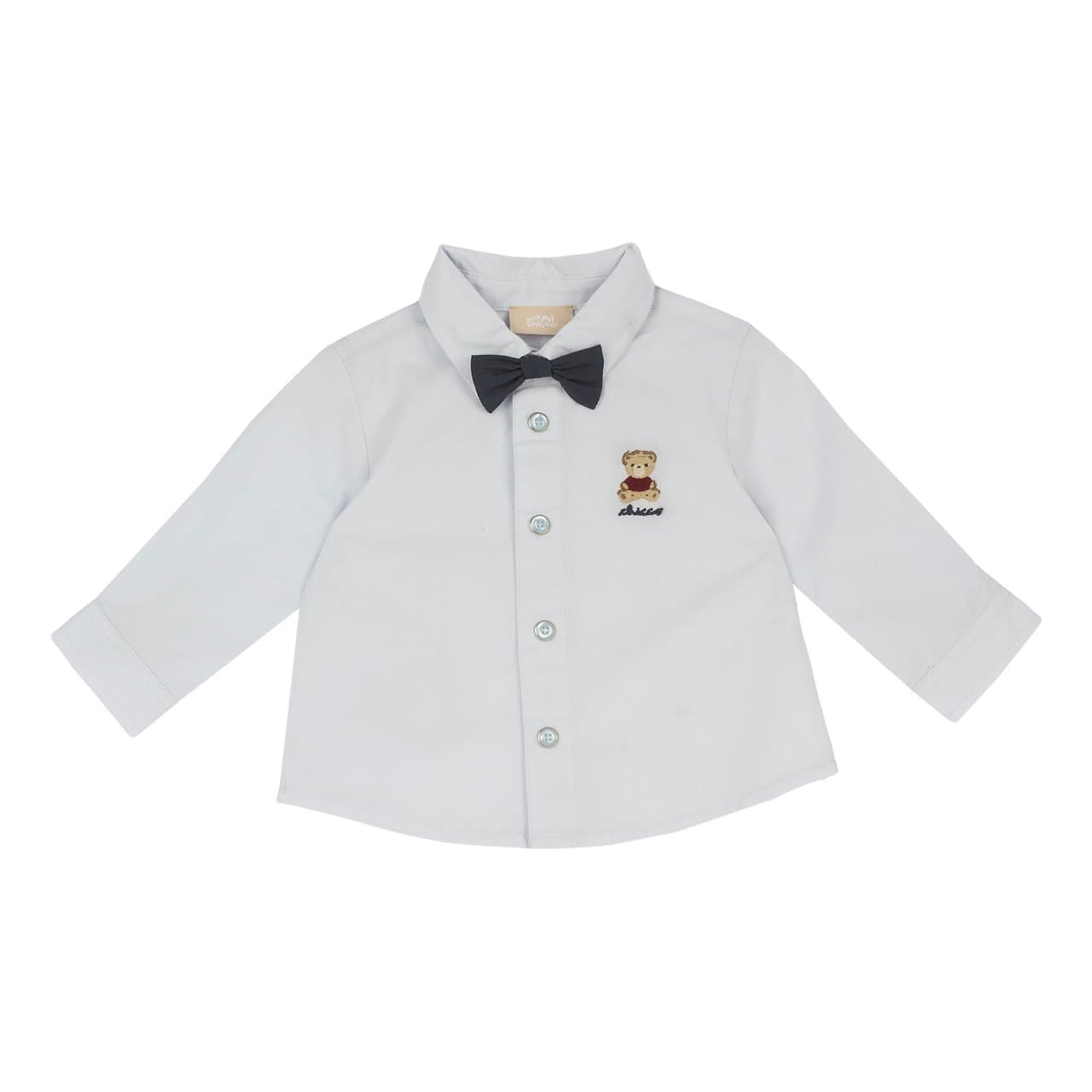 Camicia azzurra a manica lunga Chicco per bambino in popeline, con colletto classico e papillon blu removibile, ricamo orsetto sul petto. | Chicco