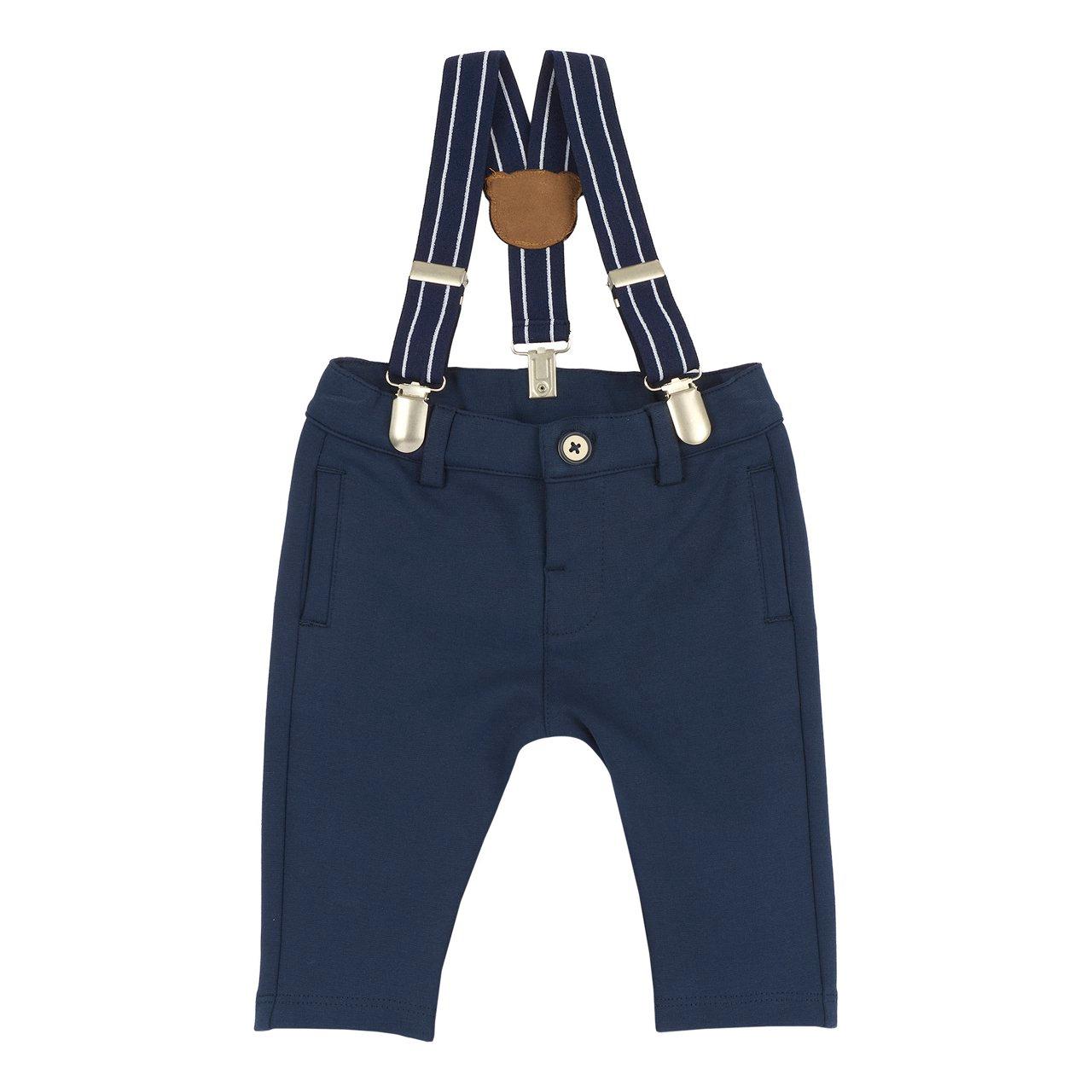 Pantaloni lunghi blu in Punto Milano elasticizzato Chicco per bambino, con bretelle regolabili e removibili con orsetto, vita elastica e tasche. | Chicco