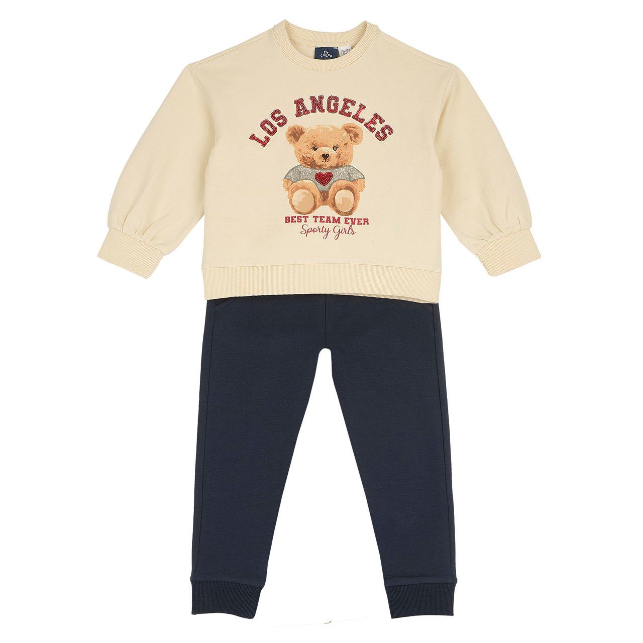 Completo felpa e pantaloni Chicco da bambina in cotone elasticizzato bianco con stampa orsetto e paillettes, ideale per autunno/inverno. | Chicco