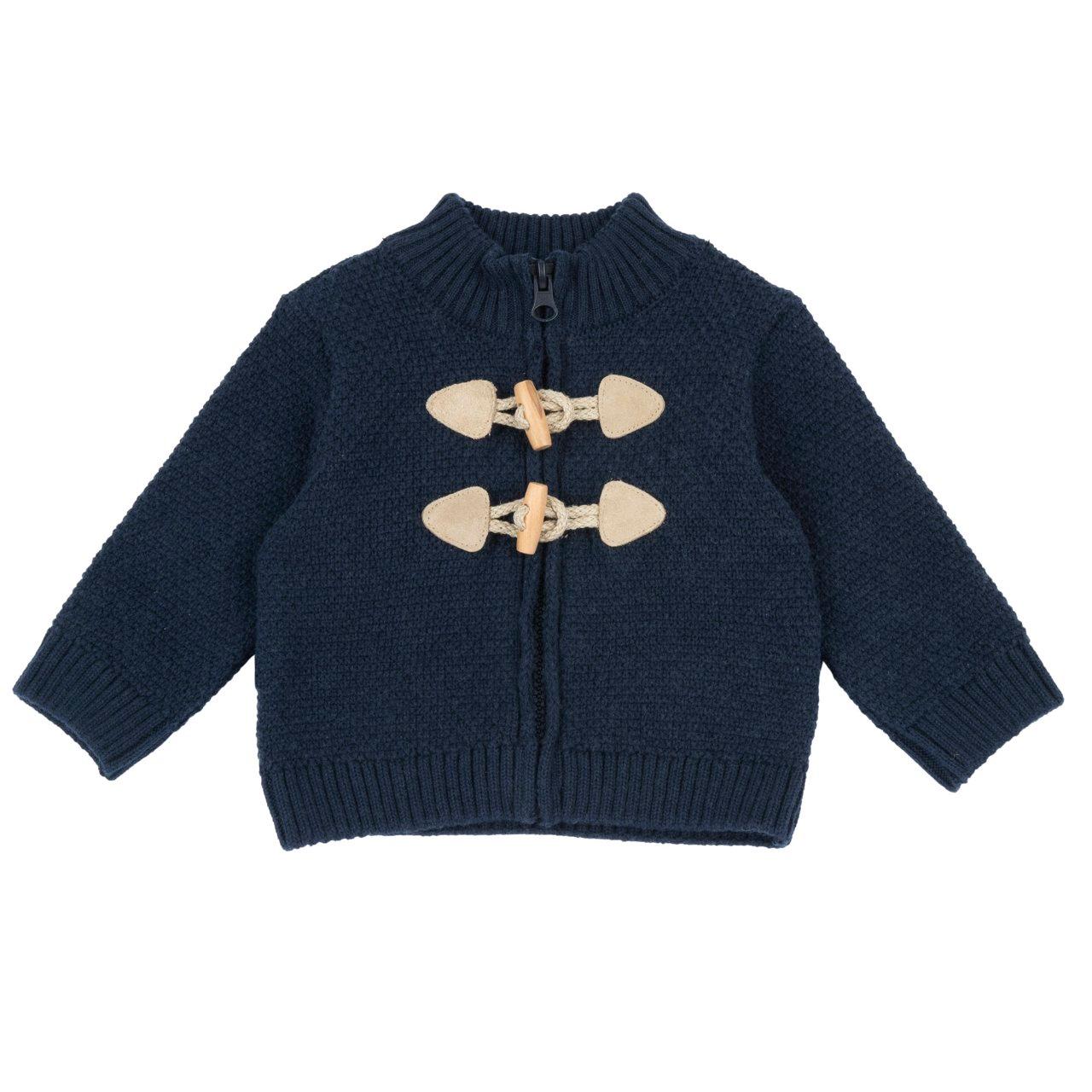 Cardigan girocollo blu in maglia effetto grana di riso per bambino Chicco, con chiusura frontale a zip e alamari, ideale per l'autunno/inverno. | Chicco