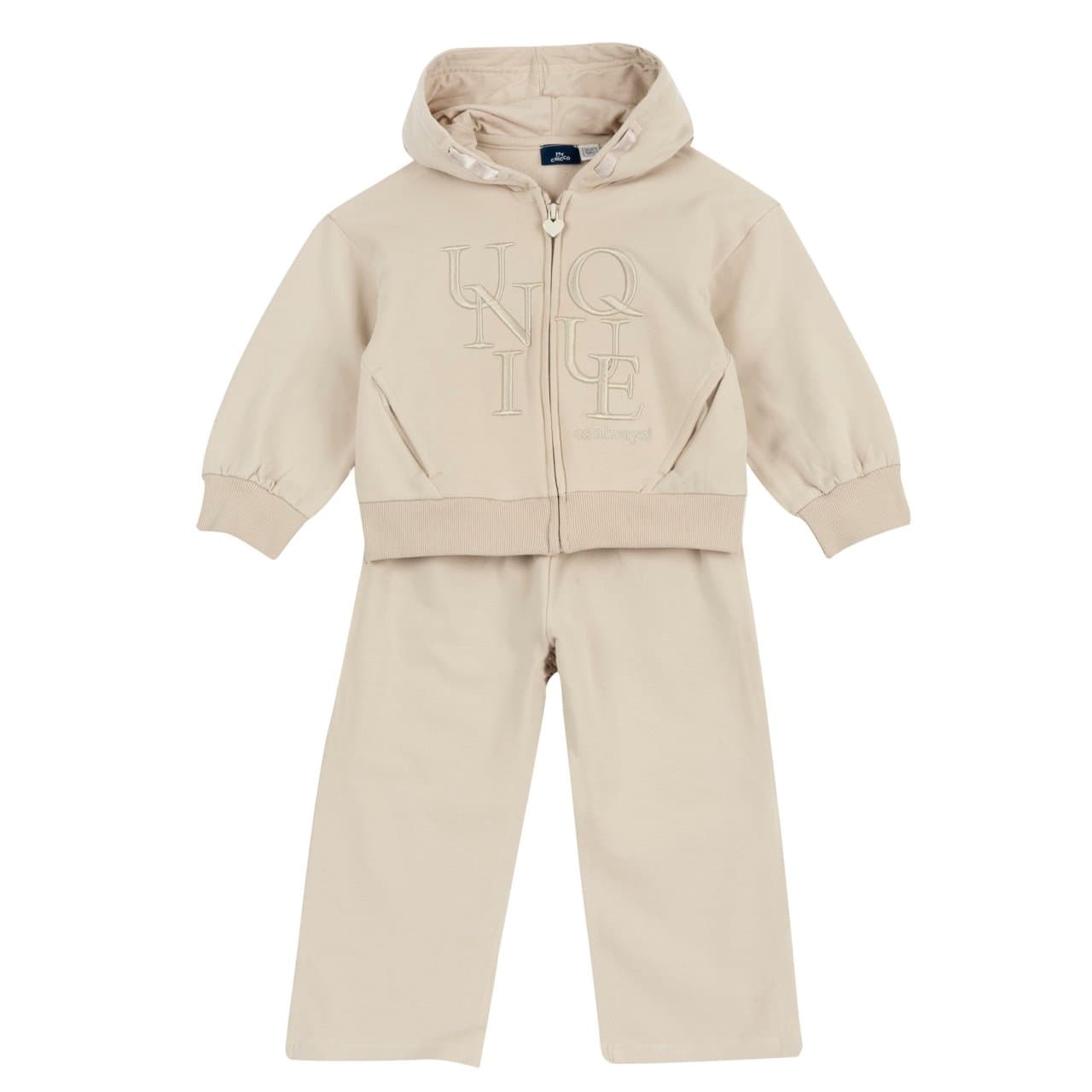 Completo felpa con cappuccio e pantaloni Chicco bianco per bambina, con ricamo tono su tono e dettagli in raso. | Chicco