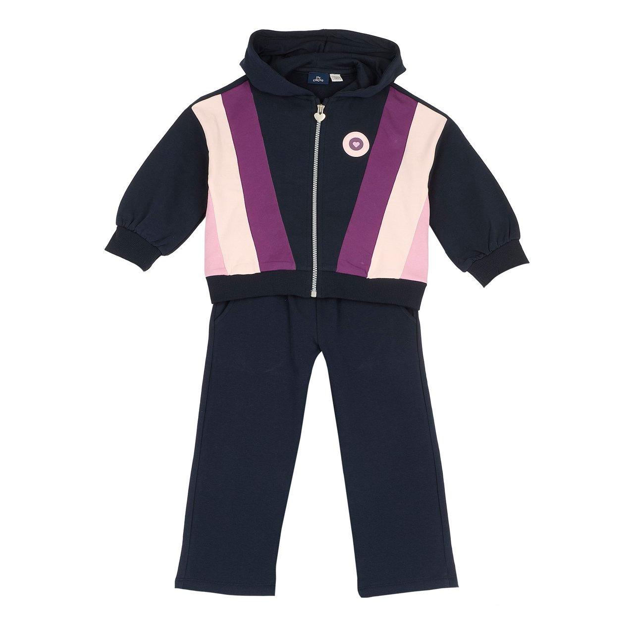 Completo felpa con cappuccio e pantaloni Chicco blu per bambina, in felpa garzata di cotone elasticizzato, con zip a contrasto e tira-zip a cuore. | Chicco