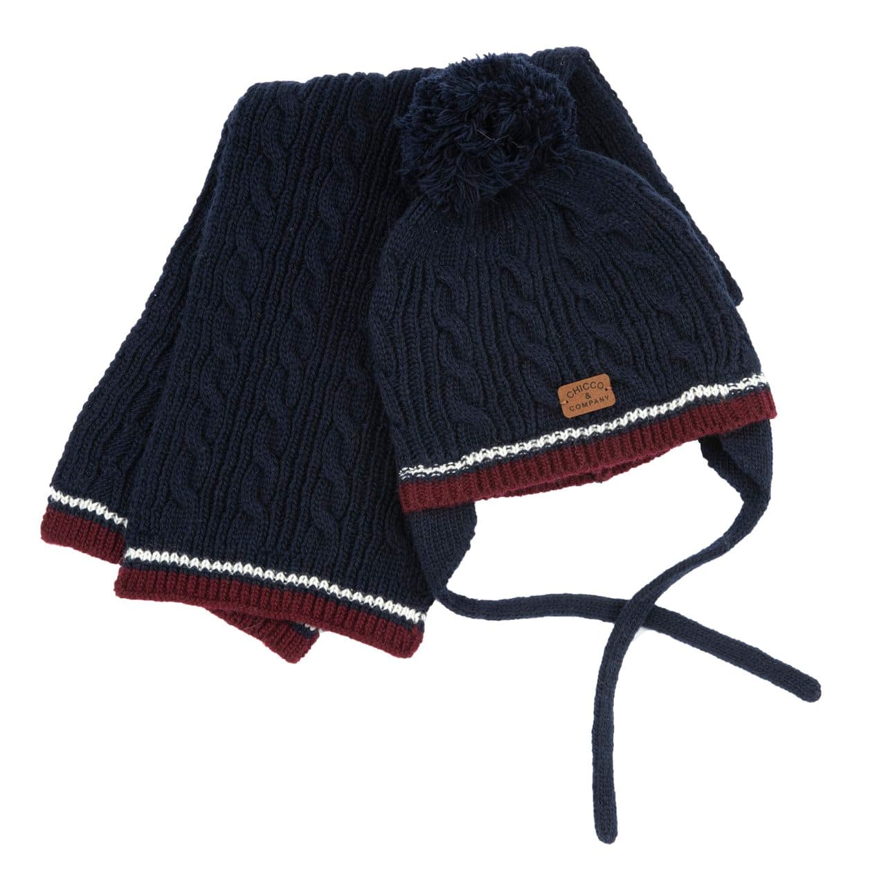Set cappello e sciarpa Chicco blu in maglia misto lana con lavorazione a trecce, pompon e paraorecchie, ideale per neonati autunno/inverno. | Chicco