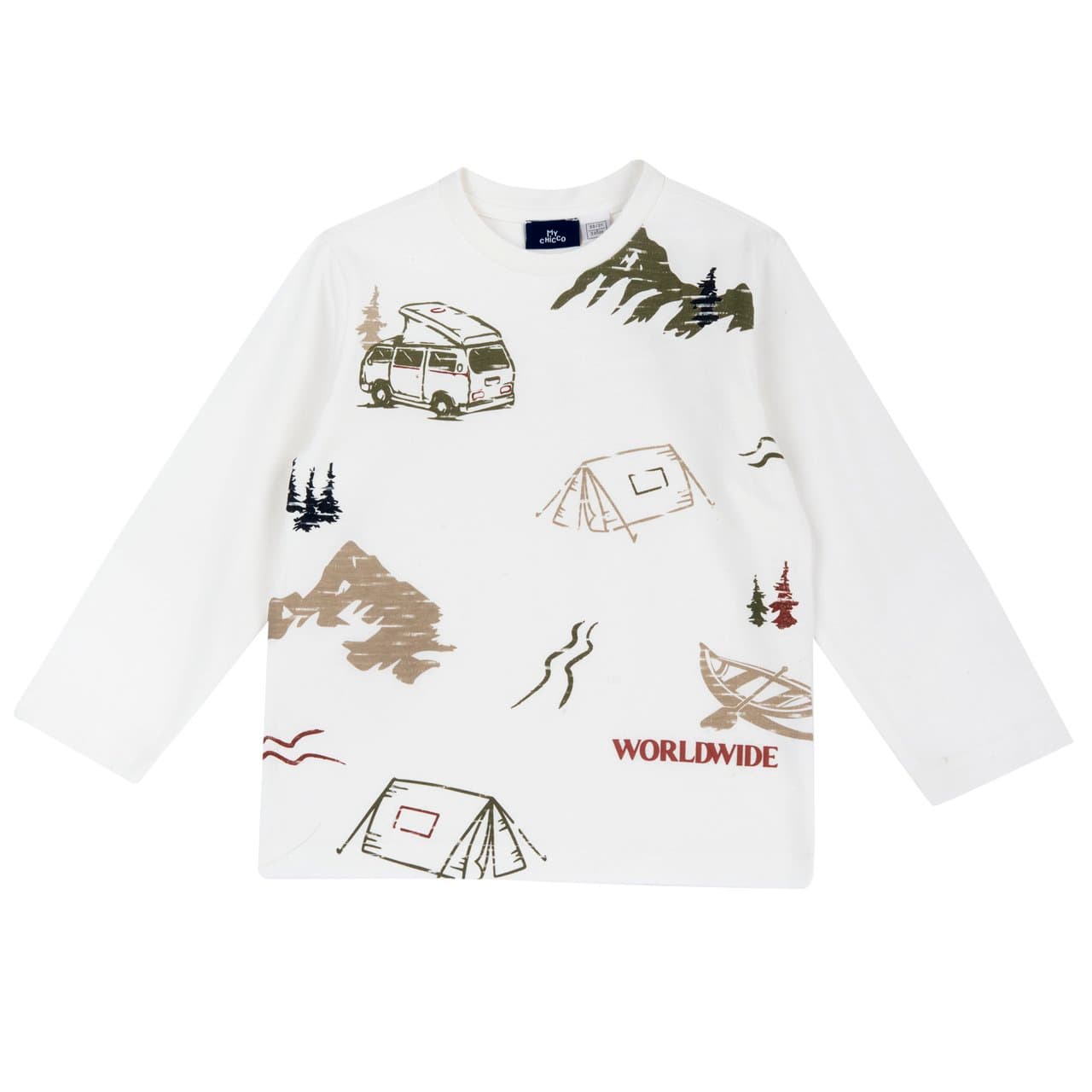Maglietta a manica lunga Chicco bianca in jersey 100% cotone per bambino, con grafica e dettagli in rilievo, certificata Oeko-Tex. | Chicco