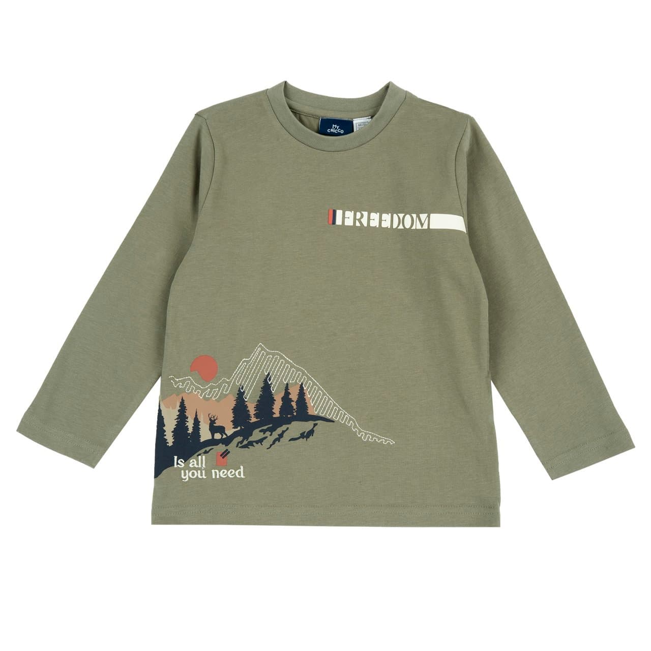 Maglietta a manica lunga Chicco verde in jersey di cotone per bambino, con scollo rotondo, grafiche in rilievo e dettagli ricamati. | Chicco