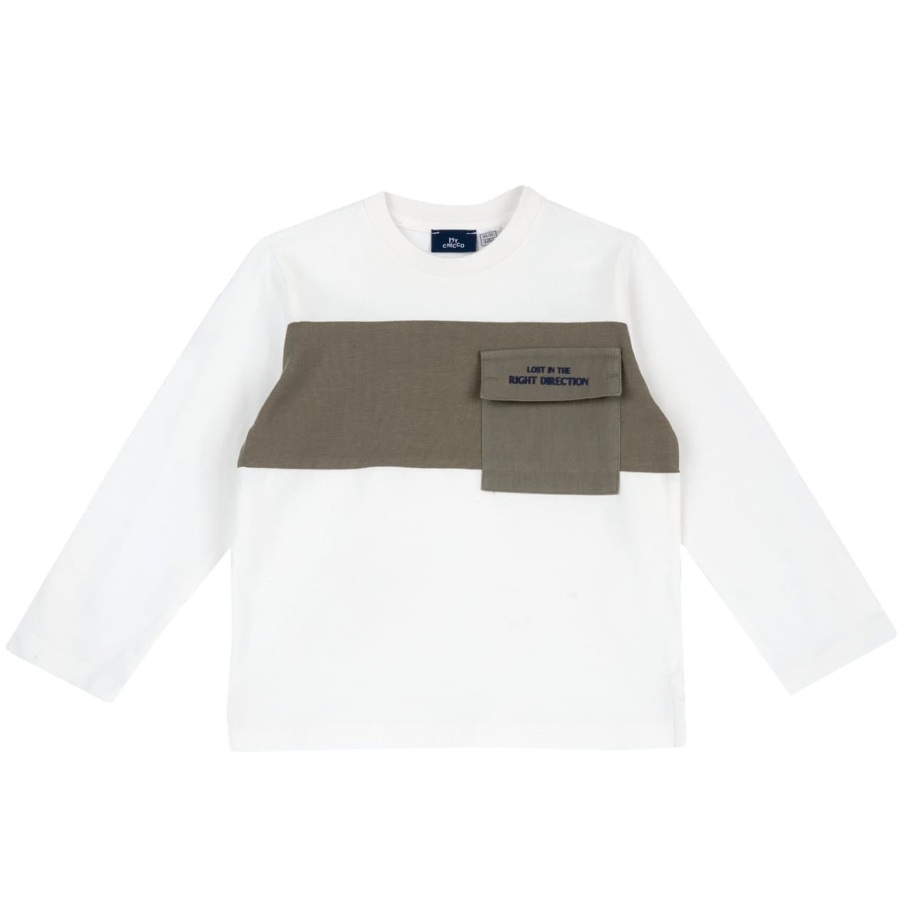 Maglietta a manica lunga Chicco bianca in 100% cotone per bambino, con inserti in gabardine e grafica in rilievo sul petto. | Chicco