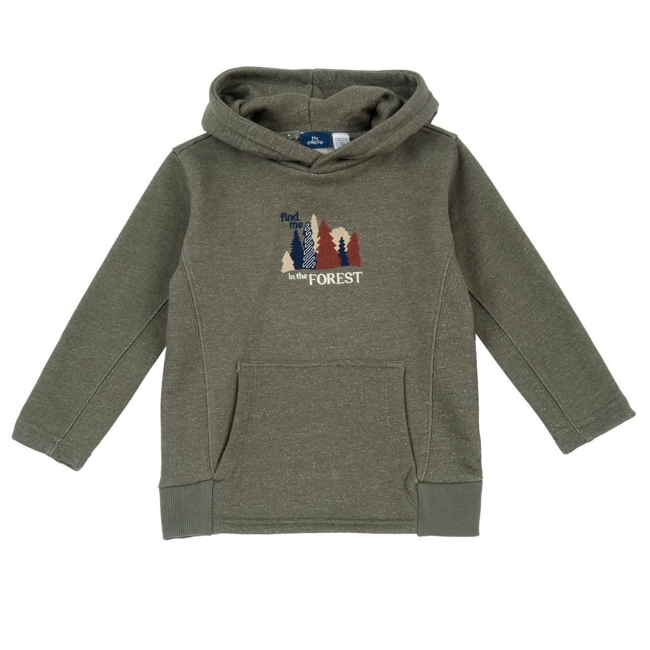 Felpa con cappuccio Chicco verde effetto mélange in cotone per bambino, con ricamo frontale, tasca a marsupio e inserti decorativi. | Chicco