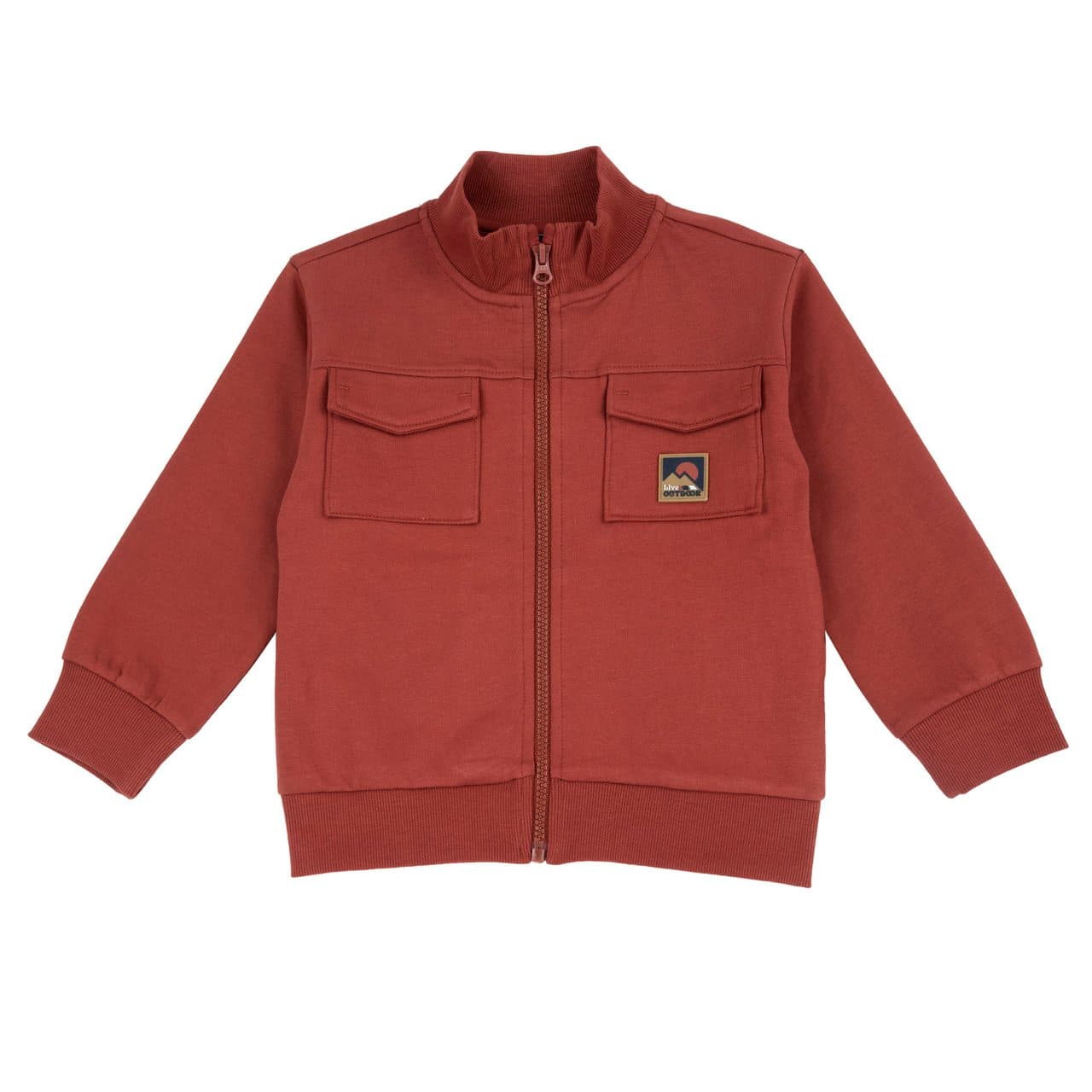 Felpa con zip da bambino Chicco marrone in morbida felpa di cotone garzata, con tasche frontali applicate, etichetta gommata in rilievo e stampa sul retro. | Chicco