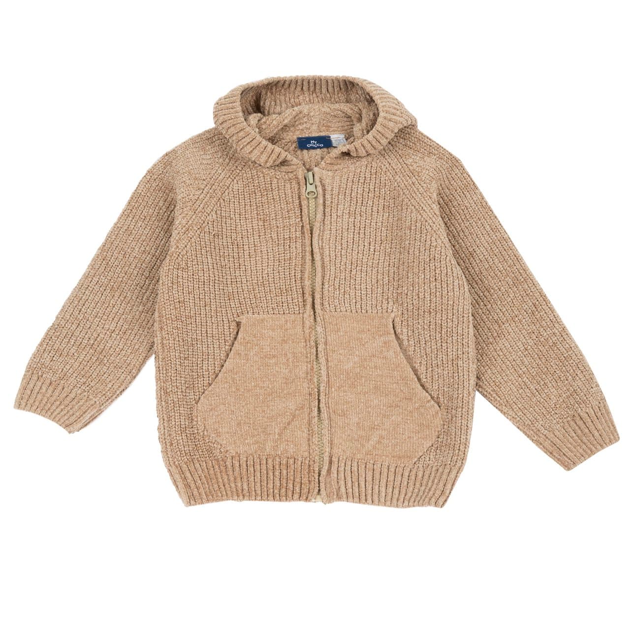 Cardigan in maglia effetto ciniglia bianca Chicco con cappuccio per bambino, chiusura con cerniera e tasca a marsupio, ideale per l'autunno/inverno. | Chicco