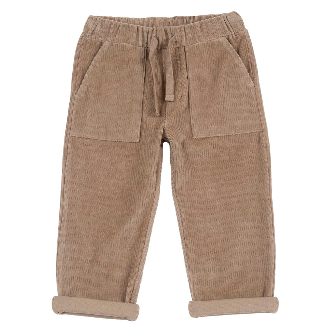 Pantaloni lunghi da bambino Chicco bianchi in maglia elasticizzata effetto velluto, con vestibilità baggy e vita elasticizzata regolabile. | Chicco