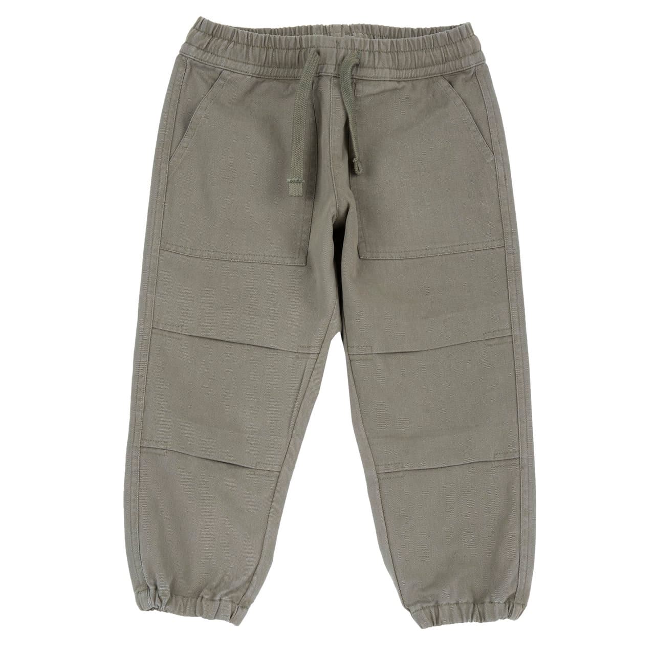 Pantaloni lunghi Chicco da bambino in gabardine di cotone verde, con vita elasticizzata, coulisse, elastico al fondo gamba e pieghe decorative sulle ginocchia, ideali per autunno/inverno. | Chicco