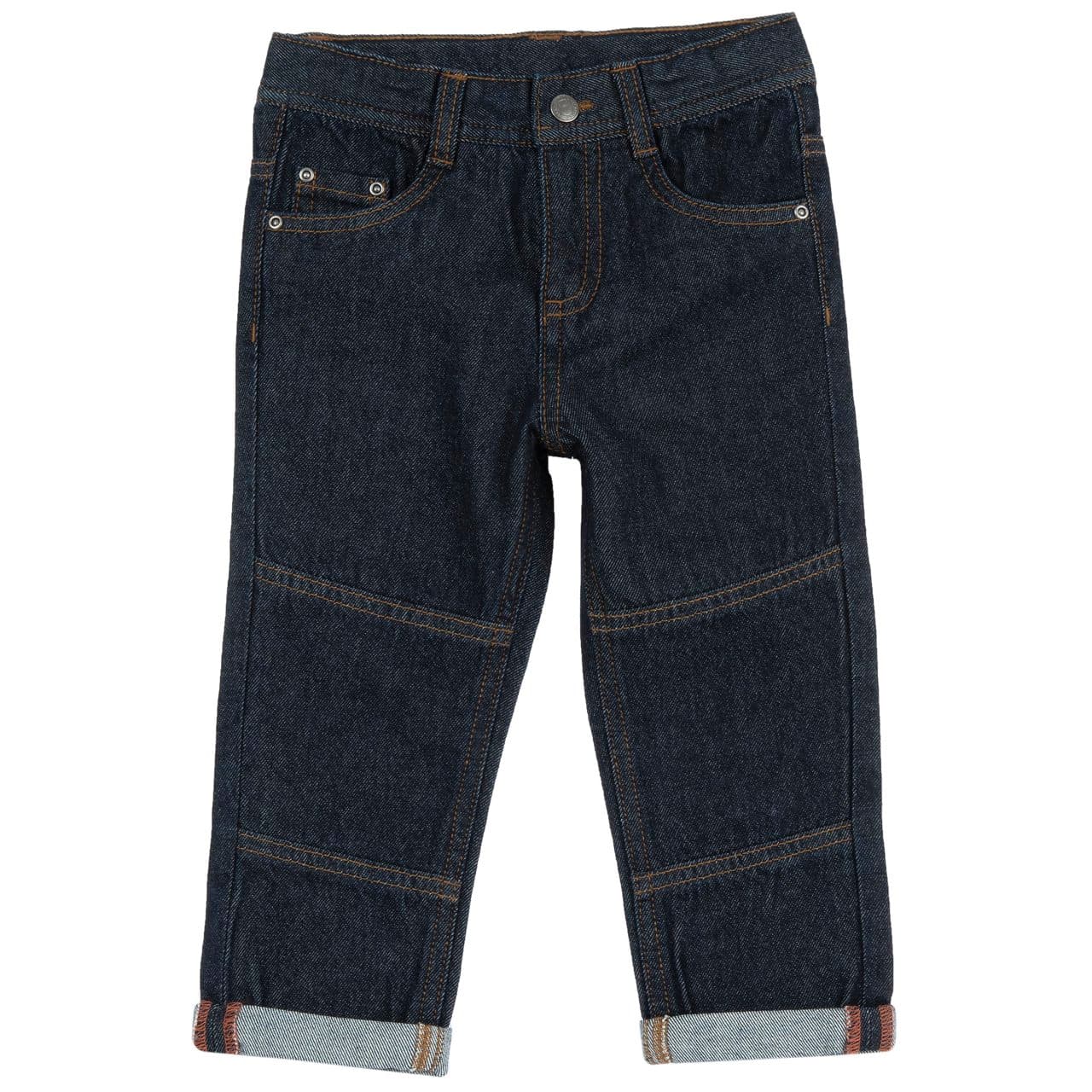 Pantaloni lunghi jeans Chicco blu in denim 100% cotone per bambino, con vestibilità baggy, vita regolabile e risvolto sul fondo. | Chicco