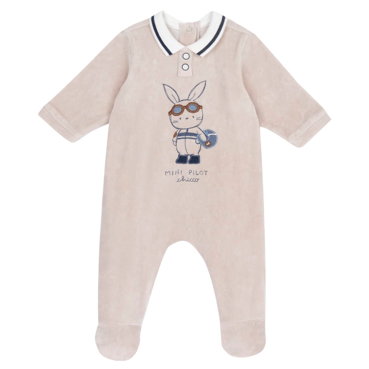 Tutina Chicco aperta dietro in felpa elasticizzata bianca, girocollo con bordo a costine, grafica con applicazione e stampa antiscivolo sotto i piedini. | Chicco