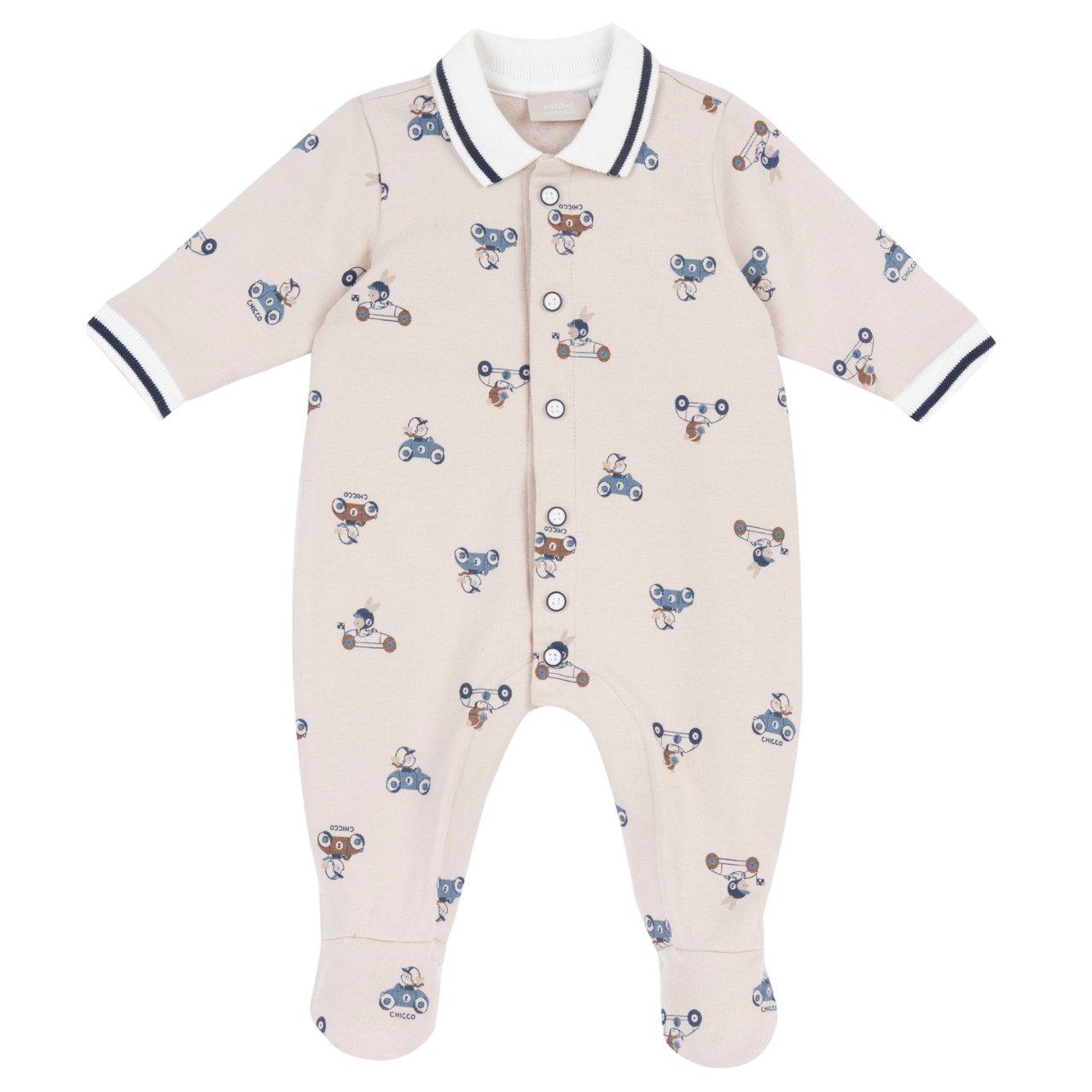 Tutina aperta davanti Chicco beige in felpa elasticizzata per neonato, con stampa fantasia, bottoncini automatici e piedini antiscivolo dalla taglia 12 mesi. | Chicco