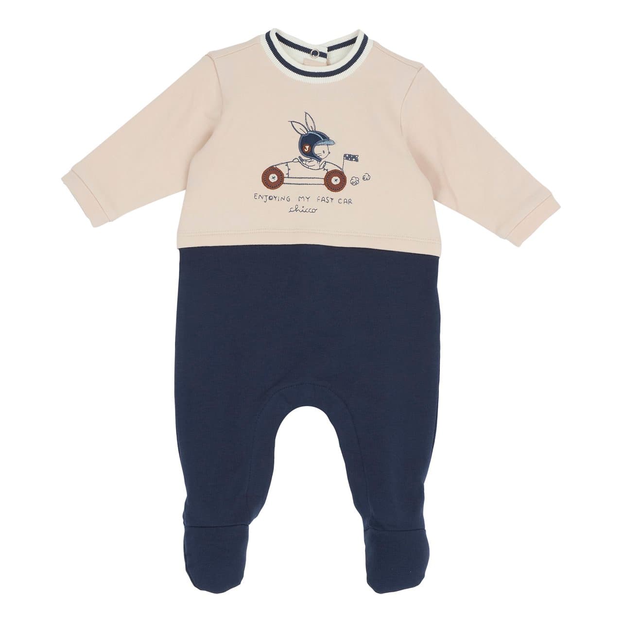 Tutina Chicco blu in felpa elasticizzata per neonato, con grafica applicata e ricami, ideale per autunno/inverno. | Chicco