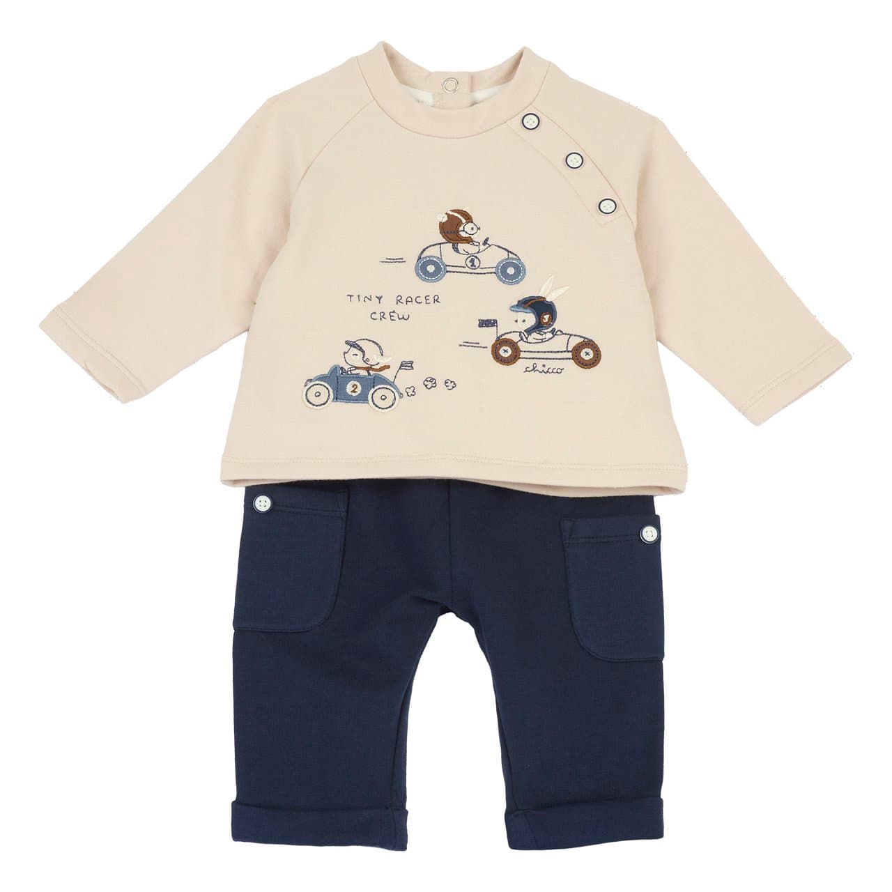 Completo maglia e pantaloni Chicco blu in felpa elasticizzata per bambino, con ricamo, bottoni automatici e decorativi, certificato Oeko-Tex. | Chicco
