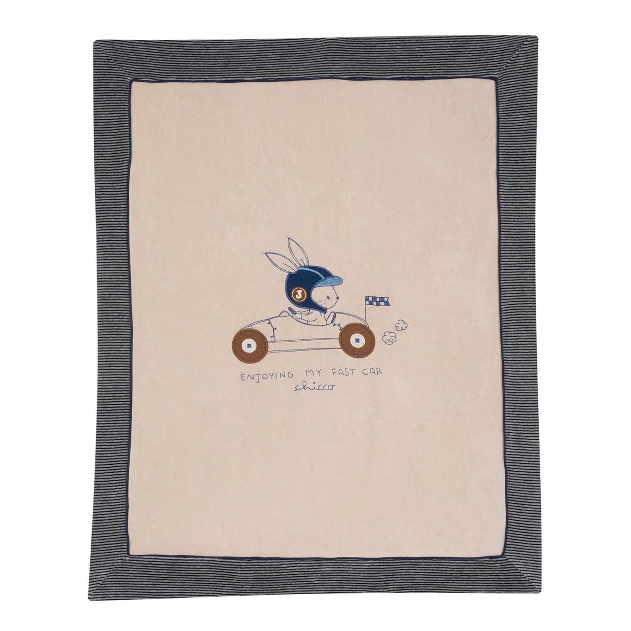 Coperta sfoderabile Chicco per carrozzina neonato in ciniglia bianca con applicazioni e ricami, bordo e retro a righe, ideale autunno/inverno, certificata Oeko-Tex. | Chicco